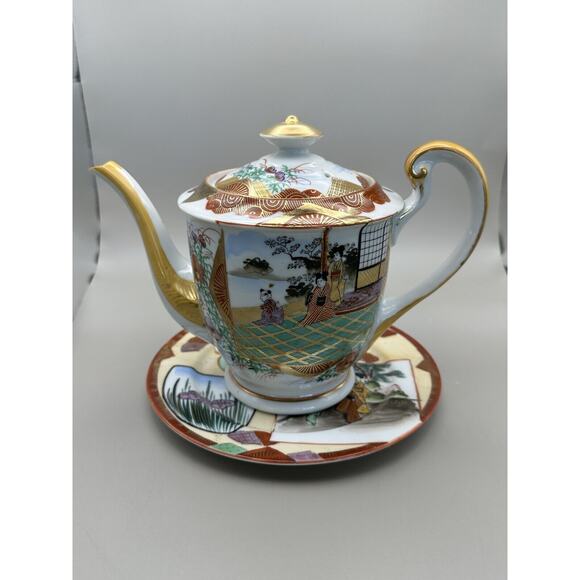 Vintage Kutani 7" Teapot and 8" Plate Geisha Pattern 1960s Japan - Picture 9 of 11